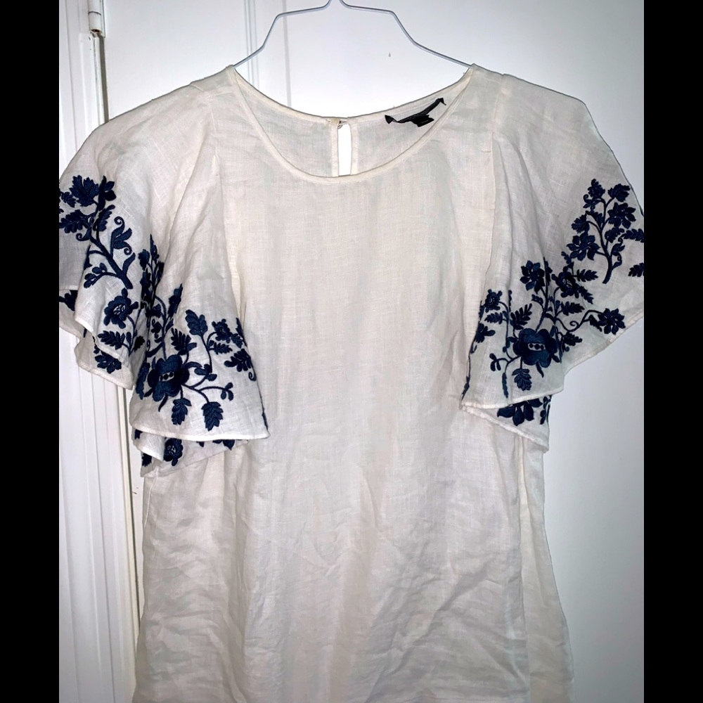 J.Crew White Linen Top Embroidered Sleeves Sz 2